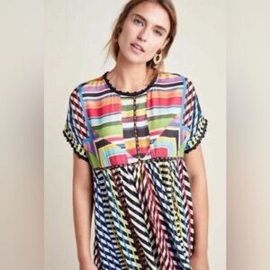 Anthropologie Multicolor Striped Geometric Short Sleeve Top